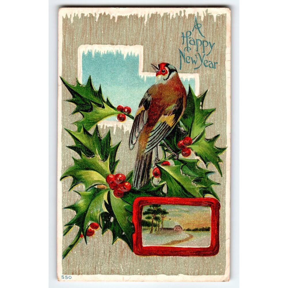 Vintage Embossed New Year Postcard with Bird & Holly Berries 1910